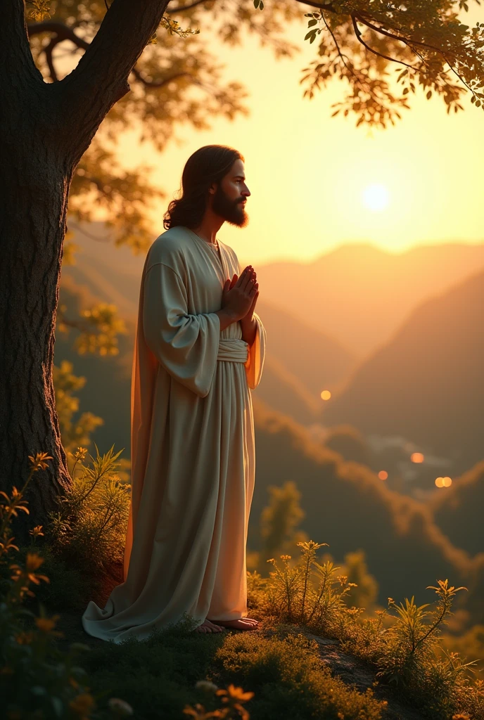 make a realistic and cinematic image of jesus christ at dawn with nature