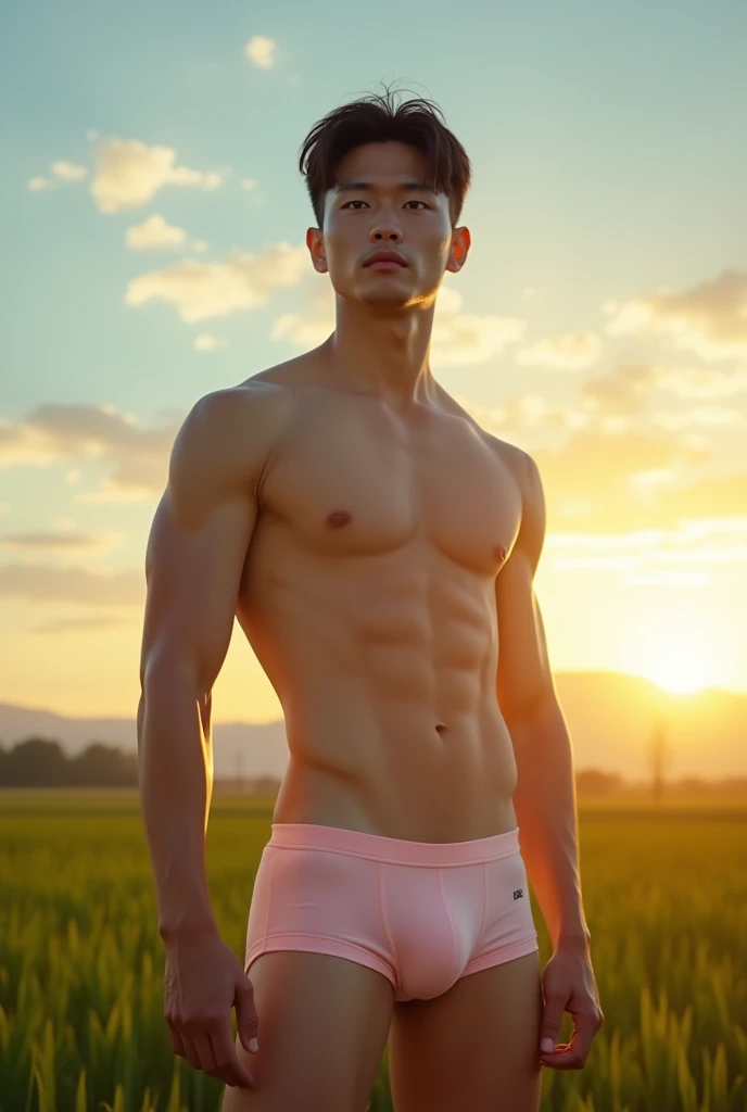 In the charming picture is a handsome Korean man 3 with his rays, white skin like a prince, the background in the sky has a big and bold sun, his charm radiates as he proudly shows off his sixpack and muscular arms in a full standing pose.. He is wearing sexy pastel colored underwear, which emphasizes his body shape, He stands in the middle of a farm environment., a big sunrise behind him, Bathed in the golden light of a beautiful day. With unmatched attention to detail., This photorealistic portrait combines the style of National Geographic., Capture every detail of his textured skin in 8k resolution. Leica digital SLR camera. His features are clearly visible., From his deep-set eagle-like eyes to his chiseled jawline., Make this image a true masterpiece.. Lift. (8K UHD、RAW Photography、Leica Digital SLR Photorealistic Portrait、Realistic image), big bulge