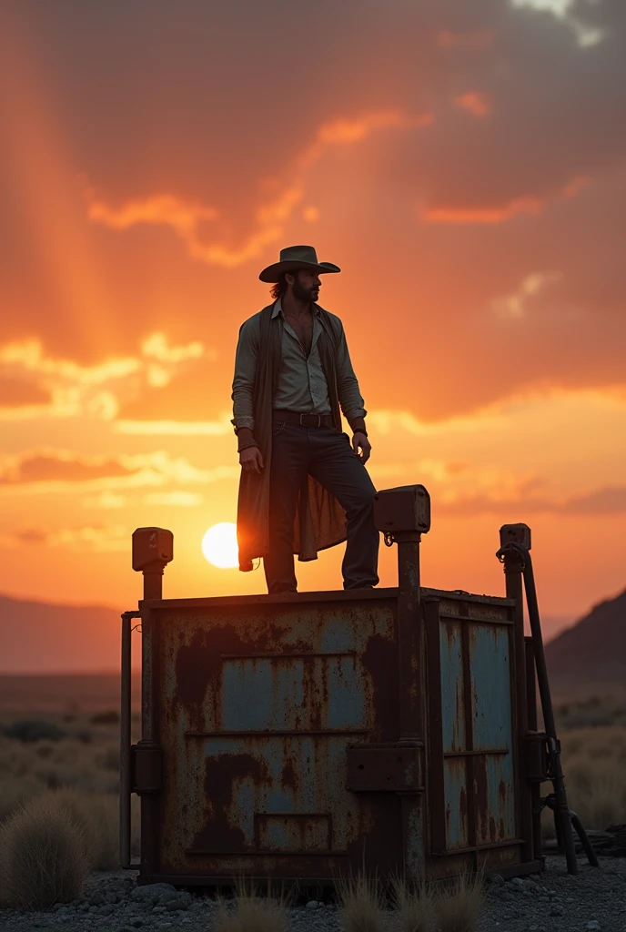 A man perched on a rusted industrial
structure in a desolate landscape at
dusk. The sky, streaked with the hues
of the setting sun, serves as a
backdrop. Play with the warm and cool
color contrasts using a Sony Alpha
A7R IV. The man is dressed in rustic
clothing, with a far-off look, adding to
the feel of isolation. The style draws
from the aesthetics of the American
West with a touch of post-apocalyptic
grunge