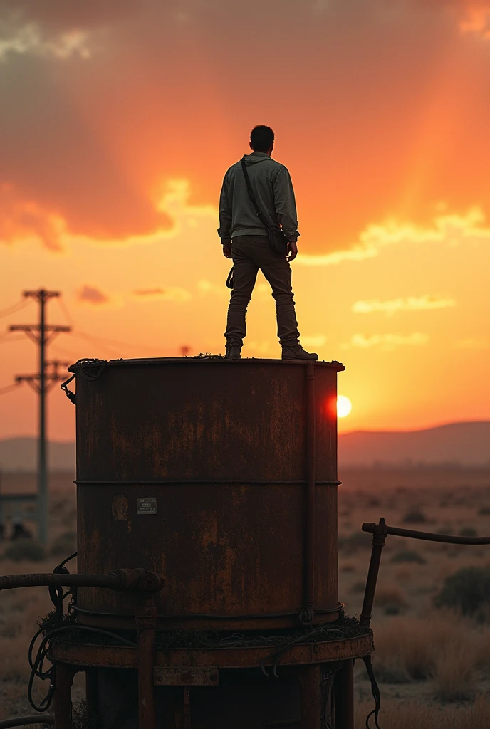 A man perched on a rusted industrial
structure in a desolate landscape at
dusk. The sky, streaked with the hues
of the setting sun, serves as a
backdrop. Play with the warm and cool
color contrasts using a Sony Alpha
A7R IV. The man is dressed in rustic
clothing, with a far-off look, adding to
the feel of isolation. The style draws
from the aesthetics of the American
West with a touch of post-apocalyptic
grunge
