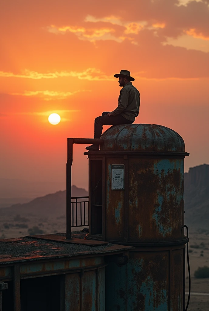 A man perched on a rusted industrial
structure in a desolate landscape at
dusk. The sky, streaked with the hues
of the setting sun, serves as a
backdrop. Play with the warm and cool
color contrasts using a Sony Alpha
A7R IV. The man is dressed in rustic
clothing, with a far-off look, adding to
the feel of isolation. The style draws
from the aesthetics of the American
West with a touch of post-apocalyptic
grunge
