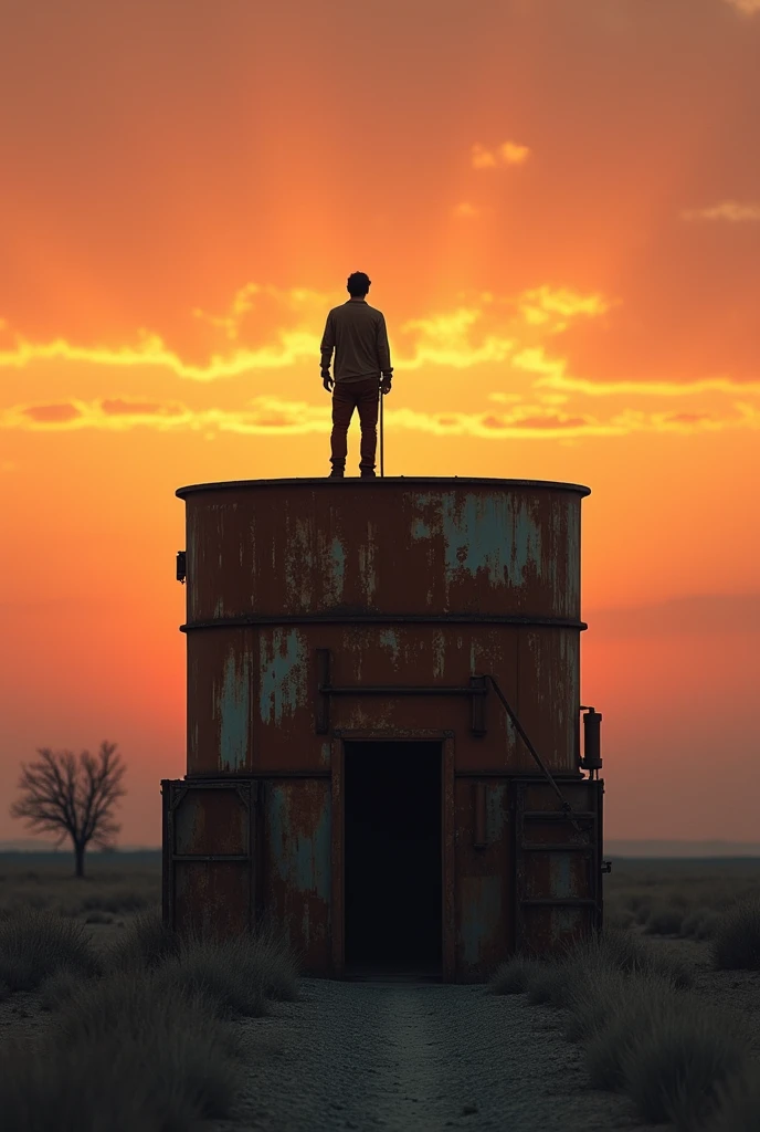 A man perched on a rusted industrial
structure in a desolate landscape at
dusk. The sky, streaked with the hues
of the setting sun, serves as a
backdrop. Play with the warm and cool
color contrasts using a Sony Alpha
A7R IV. The man is dressed in rustic
clothing, with a far-off look, adding to
the feel of isolation. The style draws
from the aesthetics of the American
West with a touch of post-apocalyptic
grunge