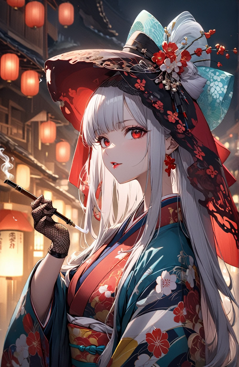 Ultra high resolution, rich colors, perfect image, top quality, detailed image, beautiful single woman, glowing skin, skin and clothing texture, delicate eyes, Showa era town, kimono, haori, angled cocktail hat, black fishnet gloves, smoking pipe, sideways, long silver hair, red eyes