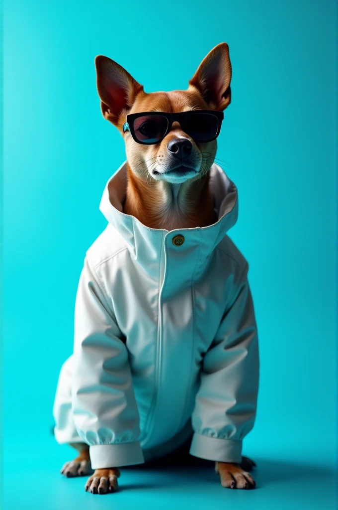 The best cell phone wallpaper, Award-Winning Wallpaper, portrait photography, In the front view is a portrait of a cute dog wearing mid-1960s space age fashion, Side view photo, Shot with Canon EOS R5, Set a strong contrast that accentuates the subject, Fluorescent blue tone, Wearing a very modern coat and sunglasses is a modern 1960s style, Clothes all in one color, beautiful background