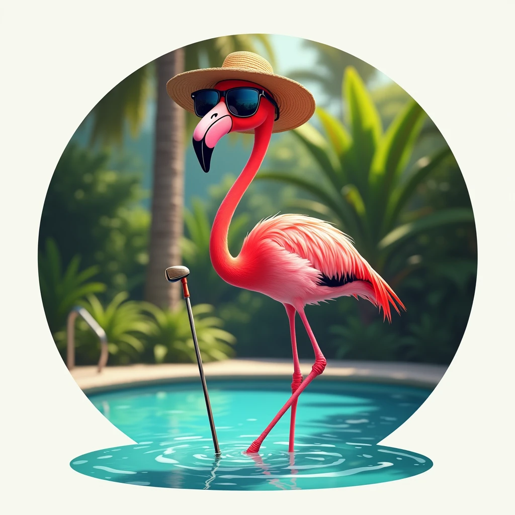 A standing flamingo wearing sunglasses, hat and a golf club, Fun and relaxed, the flamingo is standing in a pool, Image inside a circle, Whole body