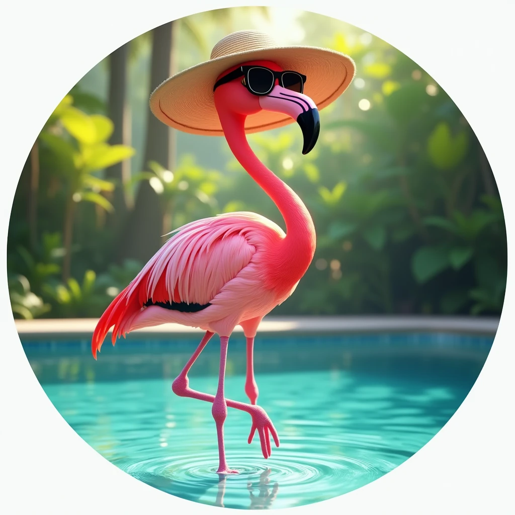 A standing flamingo wearing sunglasses, hat and a golf club, Fun and relaxed, the flamingo is standing in a pool, Image inside a circle, Whole body