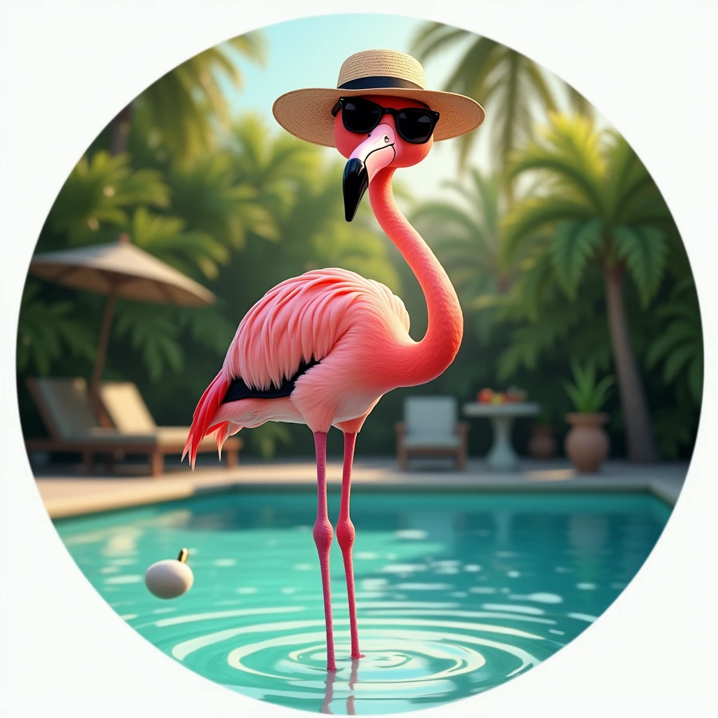 A standing flamingo wearing sunglasses, hat and a golf club, Fun and relaxed, the flamingo is standing in a pool, Image inside a circle, Whole body