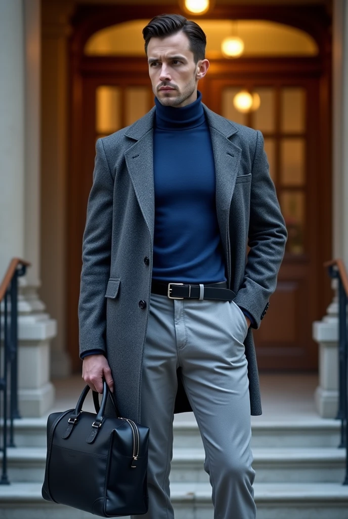 (Masterpiece 1:2), (Best quality 1:2), фото full length стоящего на лестнице русского мужчины, Medium height, 35 years, stands on the stairs in front of the hotel door, black hair, Sports figure, broad shoulders, short hair, a neat stylish hairstyle, wide cheekbones, smart casual look, blue wool turtleneck, light gray classic trousers, thin short wool coat of gray-blue color, black classic leather shoes, black leather bag in hands, warm autumn, Early autumn, Sunny weather, looks ahead, Stylish look, Men's fashion, Men's style, thoughtful look, full length, free pose, dynamic pose, solar lighting, against the backdrop of ancient Moscow buildings, daylight, black hair, blunt bangs, Serious, expressionless, atmospheric perspective, bokeh, f/1.8, 85mm, Nikon, depth of field, uhd, masterpiece, accurate, anatomically correct, textured skin, super detail, high details, high quality, highres, 4K