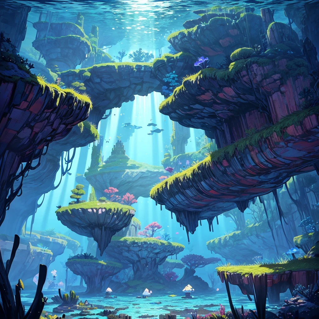 A 2D side-scrolling game background that can be used with Unity2D（Pixel Art Illustration）Please draw。The character moves sideways。Pixel Art Illustration。Side view of underwater。The sunlight is shining from above。The lower part becomes darker blue.、There are rocks and seaweed on the seabed。There is a shadow of a small black fish。