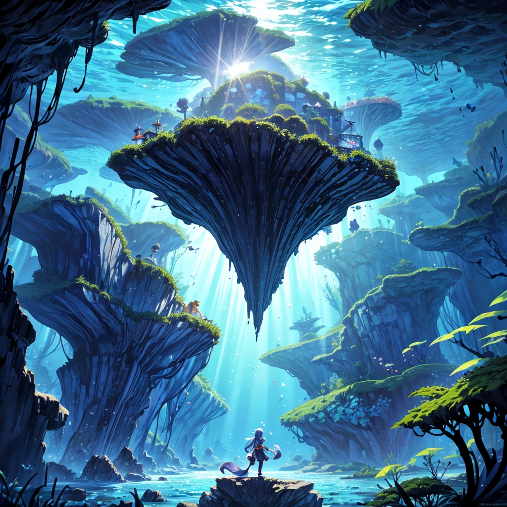 A 2D side-scrolling game background that can be used with Unity2D(Pixel Art Illustration)Please draw。The character moves sideways。Pixel Art Illustration。Side view of underwater。The sunlight is shining from above。The lower part becomes darker blue.、There are rocks and seaweed on the seabed。There is a shadow of a small black fish。