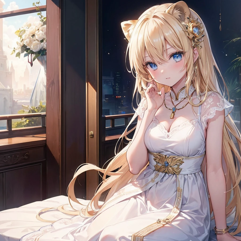 (Very detailed8K壁紙),(Very detailed),(Highest quality),(masterpiece),(Very detailed),(Cinema Lighting),(original),Warm Light,Angel of the Wind, Lady, Blonde,Blue Eyes, Lion motif pendant, Aura of the wind