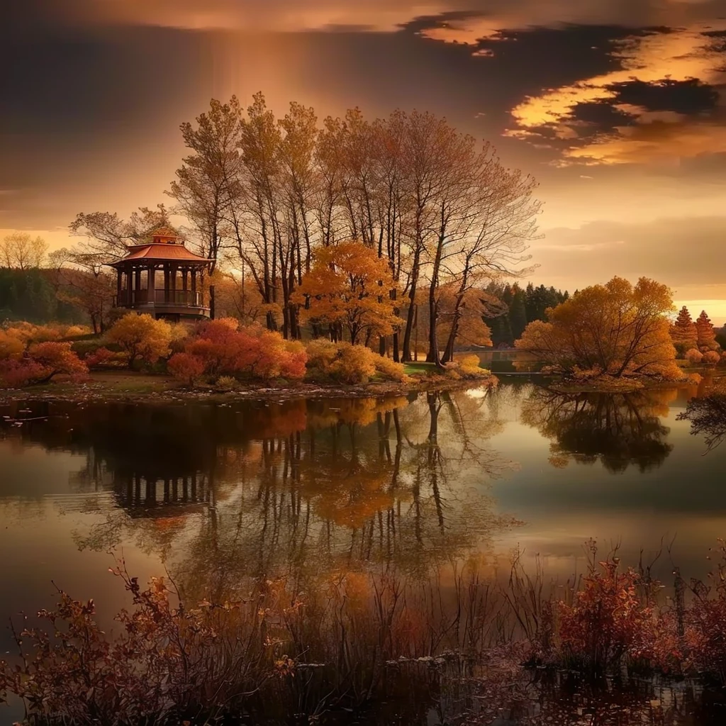 Trees reflected in the lake，There is a pavilion in the lake, beautiful reflexions, Autumn Tranquility, The beauty of natural landscape, Immerse yourself in nature, beautiful reflexions, beautiful place, Warm and beautiful scene, Beautiful nature, natural scenery, autumn sunset, in autumn, a striking autumn scene, Golden Autumn, Very beautiful photos, Stunning scenery, Beautiful scenery