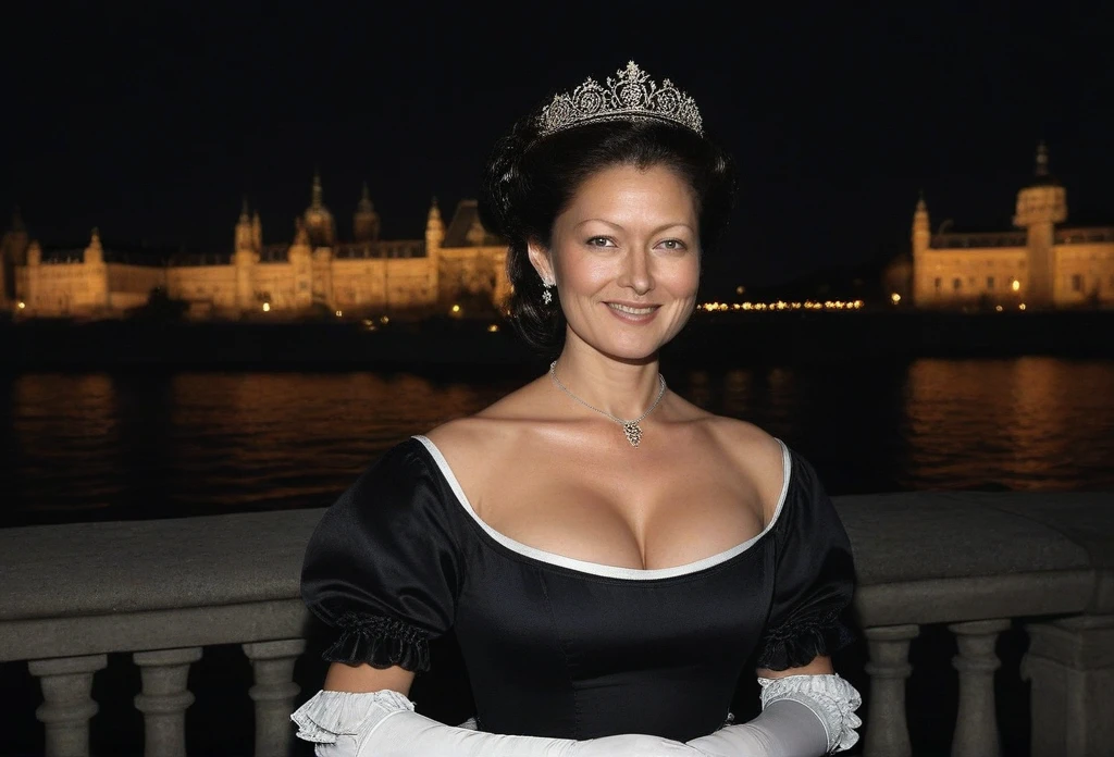 1girl, Alexandra, Countess of Frederiksborg, Solo, High Resolution, Breasts, Smile, Looking at viewer, dark hair, asian, mature woman, sultry, flirty gaze, (Masterpiece), (artwork), (best quality), (highly detailed 8k CG wallpaper), (studio lighting), a beautiful girl, (detailed eyes, face), (detailed hair), city background scenery illuminated at night, cinematic indirect lighting, she is wearing a maid outfit, cute tiara with frills, white gloves, ruffled skirt, cute face, detailed-eyes, detailed-face