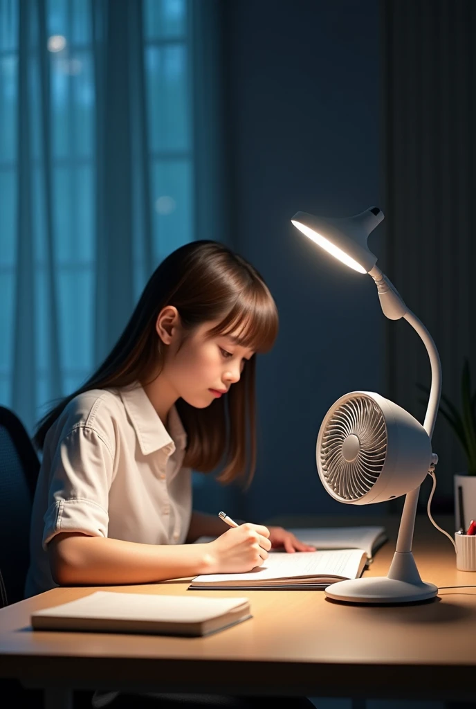 Girl studying in using this Desk Lamp Table with the long rectangle type and also a pen holder and also got fan attached in middle of lamp Lamp 3 Color Dimming Lamp Desk Light  with Fan Work And Study Light 