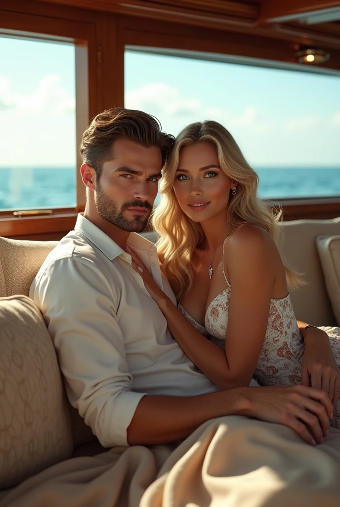 (Photorealism:1.2), man with brown hair and brown eyes along with a woman with blonde long hair and green eyes inside a yacht 8k ultra-realistic photorealistic super detailed