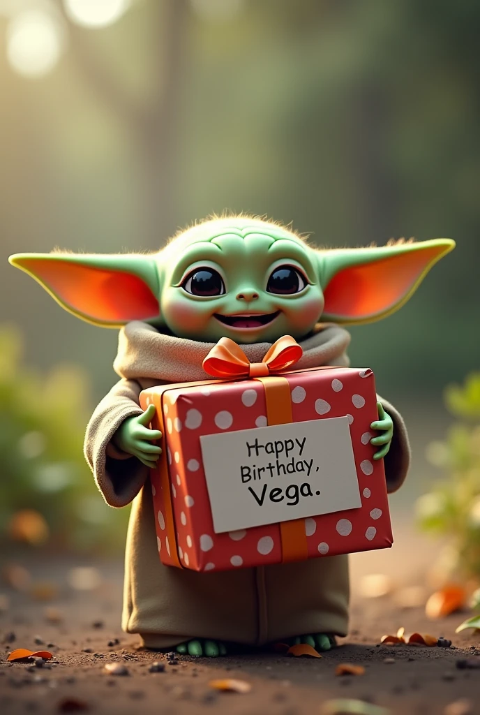 Baby Yoda with a big present that says "HAPPY BIRTHDAY VEGA"