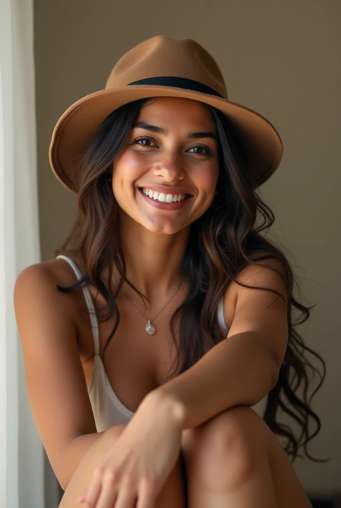 There is a young, Beautiful indian woman, who looks to the future like Katrina Kaif. Smiles into the camera, beautiful teeth. She stands there and looks into the camera, a portrait from raw photo, modern hat, feet, hands,