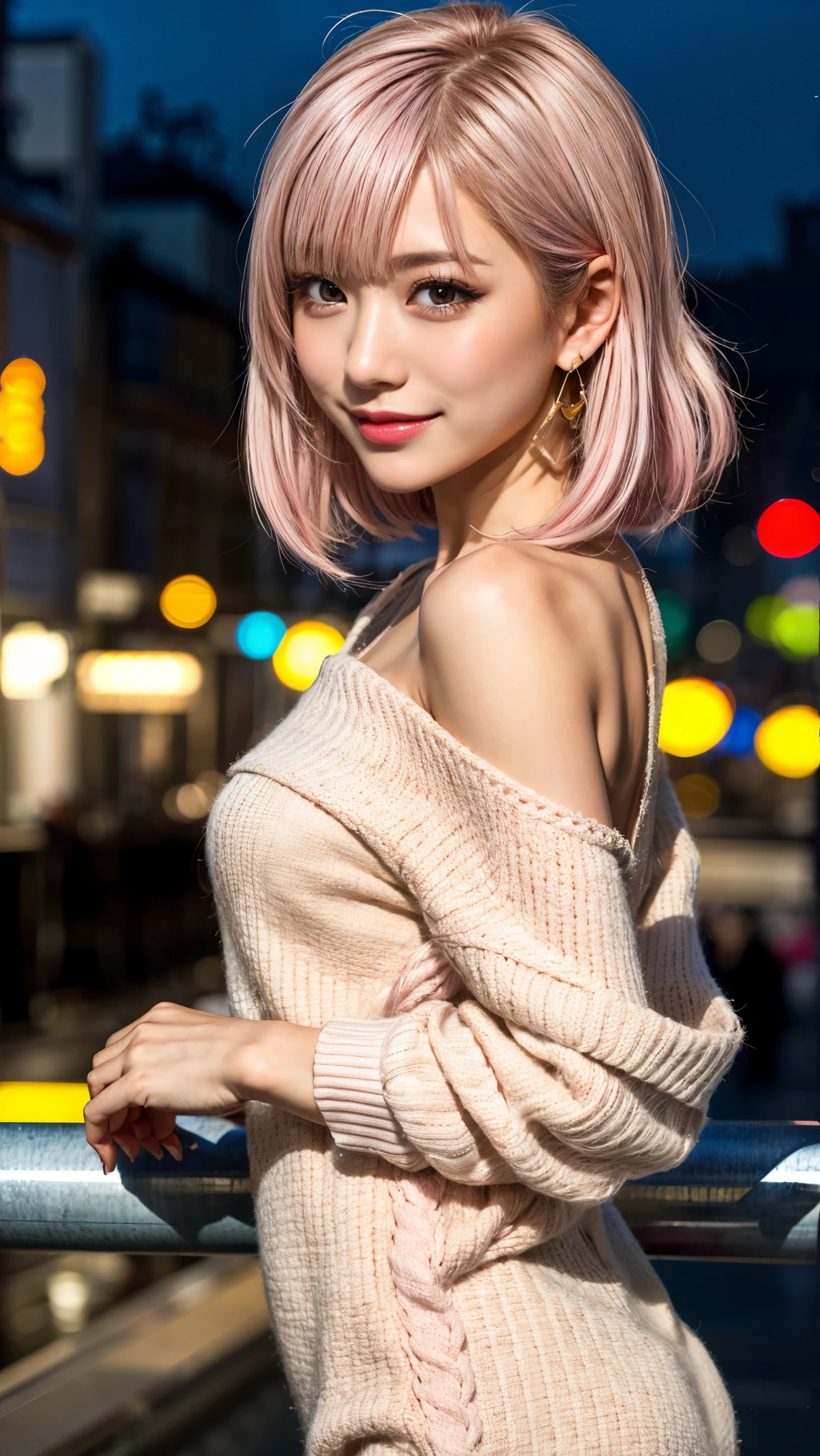 Highest quality, Tabletop, Ultra-high resolution, (Realistic:1.4), (Japanese Idols),RAW Photos, One Girl, night,Detailed skin,Blurred cityscape of South Korea,,Blonde, (Pink inner hair:1.3),Glossy Lips,smile,(Model pose:1.2),2,Beautiful and beautiful eyes,Diamond jewellery,Earrings,Gold Jewelry,Cold Light,Tight black knitwear,,(Strengthened upper arms:1.2),A well-trained body,Pixie Hair