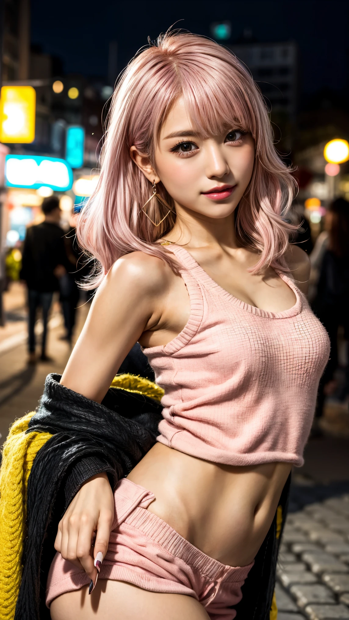 Highest quality, Tabletop, Ultra-high resolution, (Realistic:1.4), (Japanese Idols),RAW Photos, One Girl, night,Detailed skin,Blurred cityscape of South Korea,,Blonde, (Pink inner hair:1.3),Glossy Lips,smile,(Model pose:1.2),2,Beautiful and beautiful eyes,Diamond jewellery,Earrings,Gold Jewelry,Cold Light,Tight black knitwear,,(Strengthened upper arms:1.2),A well-trained body,Pixie Hair
