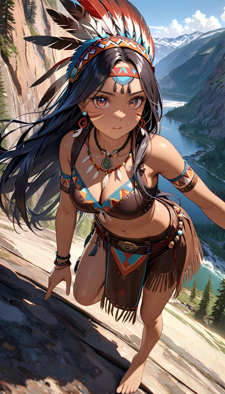 Native American female warrior\(cute,beautiful,age of 22, (barefoot : 1.4), (facial mark : 1.3), (tribal body paint : 1.2), whold body, dark skin,dark floating hair,dark shiny eyes,big eyes,face with strong will,leather dress\(fringe, glass beads\),indian cape\(fringe, glass beads\), war bonnets\(Native American feather crown\),shiny dark fresh skin,breast,necklace\,indian moccasins,glass bead earrings), BREAK ,background(outside,American wilderness,western era),Dynamic action poses, dynamic angles, BREAK ,quality\(8k,wallpaper of extremely detailed CG unit, ​masterpiece,hight resolution,top-quality,top-quality real texture skin,hyper realisitic,increase the resolution,RAW photos,best qualtiy,highly detailed,the wallpaper,cinematic lighting,ray trace,golden ratio\)[nsfw:2.0],looking at viewer
