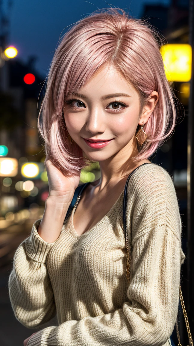 Highest quality, Tabletop, Ultra-high resolution, (Realistic:1.4), (Japanese Idols),RAW Photos, One Girl, night,Detailed skin,Blurred cityscape of South Korea,,Blonde, (Pink inner hair:1.3),Glossy Lips,smile,(Model pose:1.2),2,Beautiful and beautiful eyes,Diamond jewellery,Earrings,Gold Jewelry,Cold Light,Tight black knitwear,,(Strengthened upper arms:1.2),A well-trained body,Pixie Hair