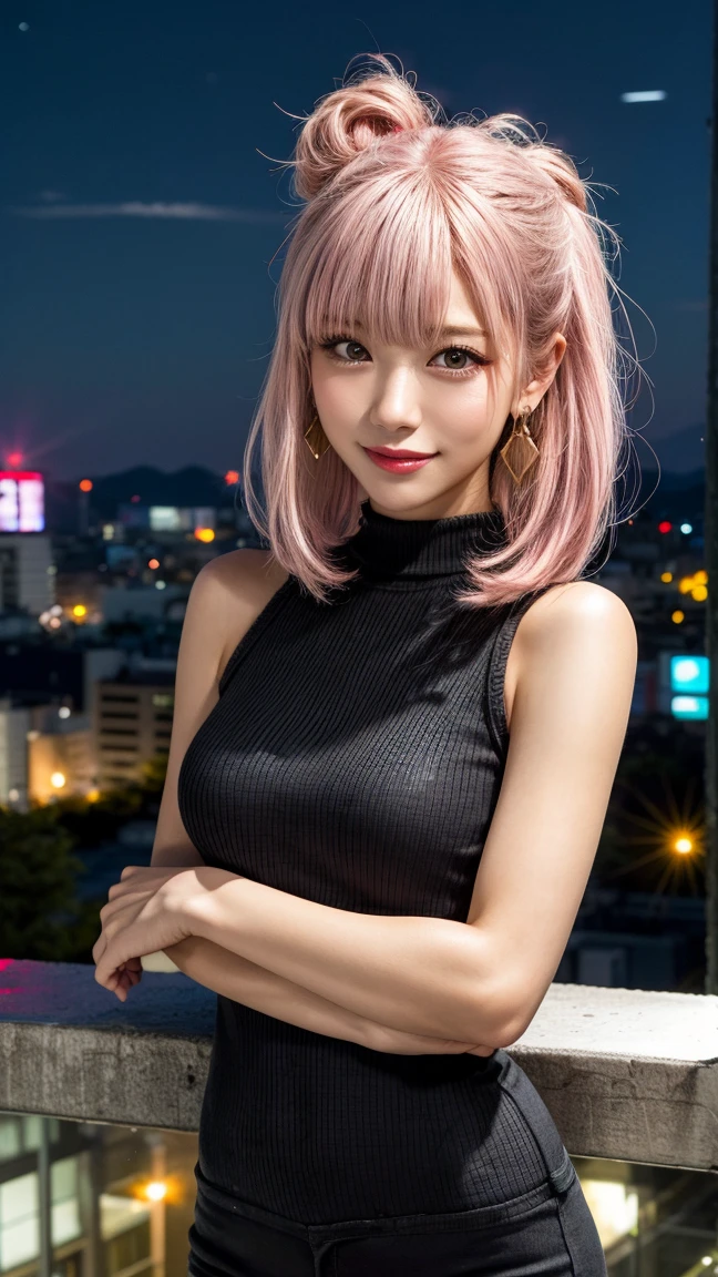 Highest quality, Tabletop, Ultra-high resolution, (Realistic:1.4), (Japanese Idols),RAW Photos, One Girl, night,Detailed skin,Blurred cityscape of South Korea,,Blonde, (Pink inner hair:1.3),Glossy Lips,smile,(Model pose:1.2),2,Beautiful and beautiful eyes,Diamond jewellery,Earrings,Gold Jewelry,Cold Light,Tight black knitwear,,(Strengthened upper arms:1.2),A well-trained body,Pixie Hair