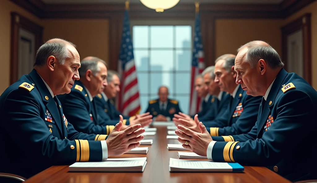 a group of american and russian generals discussing fervently in a conference room, highly detailed, cinematic lighting, dramatic scene, realistic, photorealistic, professional illustration, complex background, dynamic poses, intense facial expressions, military uniforms, conference table, window view