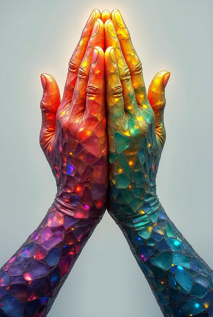 Create an image of two hands joined in prayer, similar to the '🙏' emoji. The hands should be composed of various shards of broken glass, each piece a different vibrant color. The glass fragments should fit together like a mosaic, creating an aesthetic and abstract representation of praying hands. The colors of the glass pieces should include a mix of warm and cool tones, such as deep blues, emerald greens, ruby reds, amethyst purples, and golden yellows. The edges of the glass should have a slight glow or shimmer to emphasize their translucent nature. The background should be a solid, neutral color like soft gray or pale beige to make the colorful glass hands stand out. The overall composition should be centered, with the hands taking up approximately 2/3 of the image space."