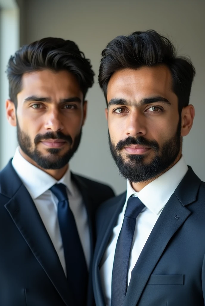 2 Pakistani boy with fair beared skin and narrow body posing for a LinkedIn picture in formals

