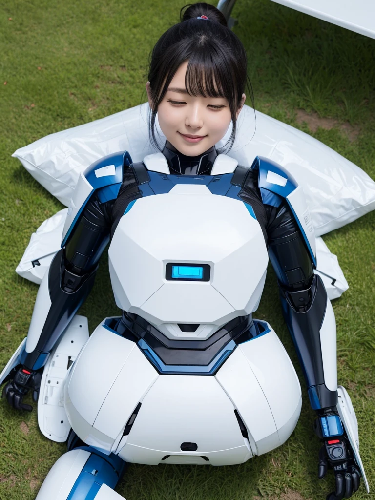 Japanese female android,Black Hair,White and blue robot suit,Plump,Sleeping on the lawn in the park,smile