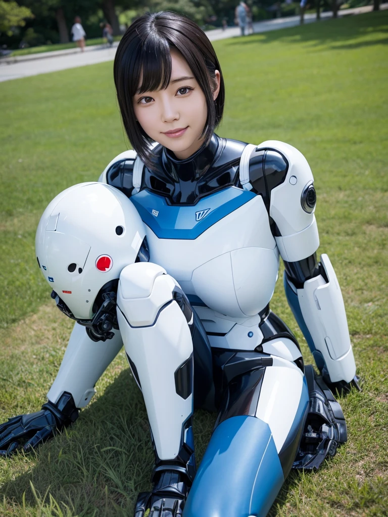 Japanese female android,Black Hair,White and blue robot suit,Plump,Sleeping on the lawn in the park,smile