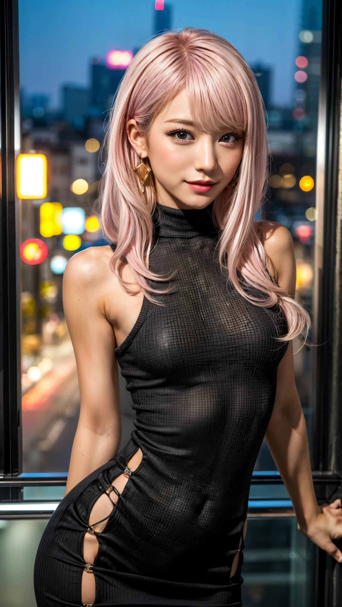 Highest quality, Tabletop, Ultra-high resolution, (Realistic:1.4), (Japanese Idols),RAW Photos, One Girl, night,Detailed skin,Blurred cityscape of South Korea,,Blonde, (Pink inner hair:1.3),Glossy Lips,smile,(Model pose:1.2),2,Beautiful and beautiful eyes,Diamond jewellery,Earrings,Gold Jewelry,Cold Light,Tight black knitwear,,(Strengthened upper arms:1.2),A well-trained body,Pixie Hair