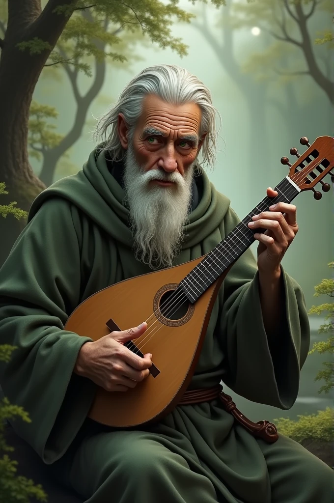 Human,2 ,green eyes,gray hair,white skin,monk,wear tonic,short hair,holding lute