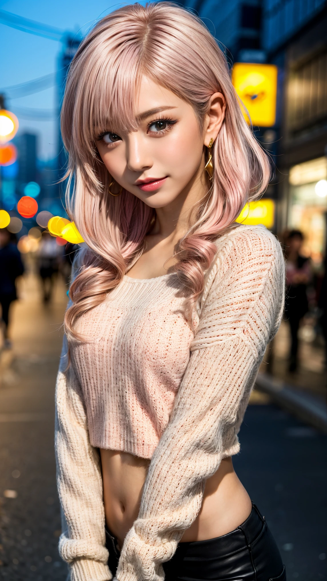 Highest quality, Tabletop, Ultra-high resolution, (Realistic:1.4), (Japanese Idols),RAW Photos, One Girl, night,Detailed skin,Blurred cityscape of South Korea,,Blonde, (Pink inner hair:1.3),Glossy Lips,smile,(Model pose:1.2),2,Beautiful and beautiful eyes,Diamond jewellery,Earrings,Gold Jewelry,Cold Light,Tight black knitwear,,(Strengthened upper arms:1.2),A well-trained body,Pixie Hair