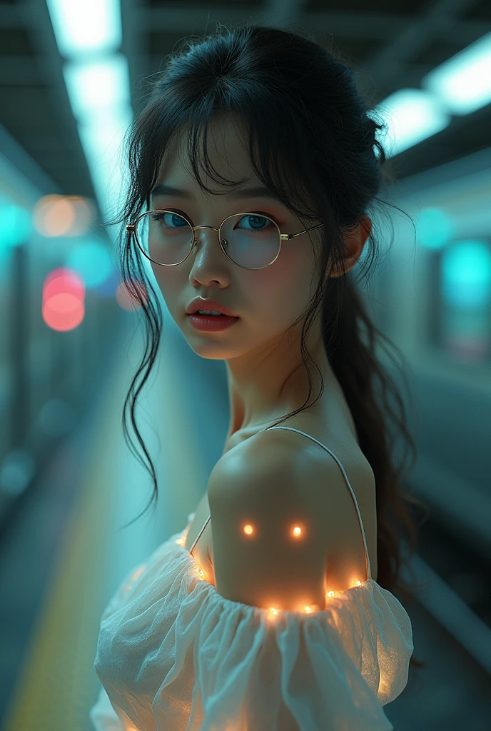 Beauty with specs, 1girl, (RAW photo, best quality), (realistic, photo-realistic:1.4), masterpiece, an extremely delicate and beautiful, extremely detailed, 2k wallpaper, Amazing, finely detail, extremely detailed CG unity 8k wallpaper, ultra-detailed, highres, soft light, beautiful detailed girl, extremely detailed eyes and face, wearing glasses, megane, beautiful detailed nose, beautiful detailed eyes, cinematic lighting, perfect anatomy, sexy, dynamic pose, slender body, smiling city lights at night, at a train station in tokyo,(bokeh:1.3) wearing blouse and skirt, off shoulder, centered, symmetry, painted, intricate, volumetric lighting, beautiful, rich deep colors masterpiece, sharp focus, ultra detailed, in the style of dan mumford and marc simonetti, astrophotography, Broken Glass effect, no background, stunning, something that even doesn't exist, mythical being, energy, molecular, textures, iridescent and luminescent scales, breathtaking beauty, pure perfection, divine presence, unforgettable, impressive, breathtaking beauty, Volumetric light, auras, rays, vivid colors reflects