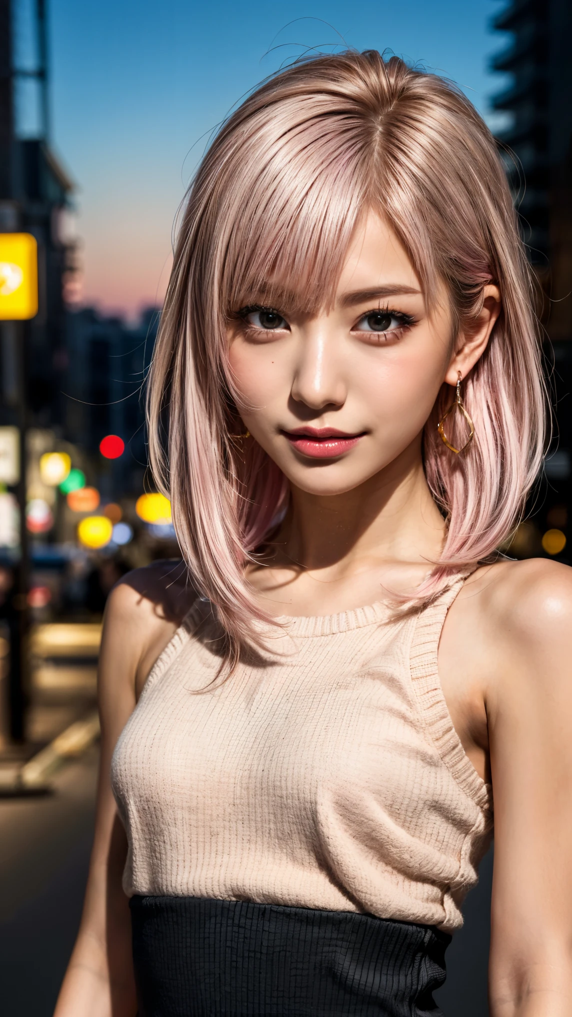 Highest quality, Tabletop, Ultra-high resolution, (Realistic:1.4), (Japanese Idols),RAW Photos, One Girl, night,Detailed skin,Blurred cityscape of South Korea,,Blonde, (Pink inner hair:1.3),Glossy Lips,smile,(Model pose:1.2),2,Beautiful and beautiful eyes,Diamond jewellery,Earrings,Gold Jewelry,Cold Light,Tight black knitwear,,(Strengthened upper arms:1.2),A well-trained body,Pixie Hair