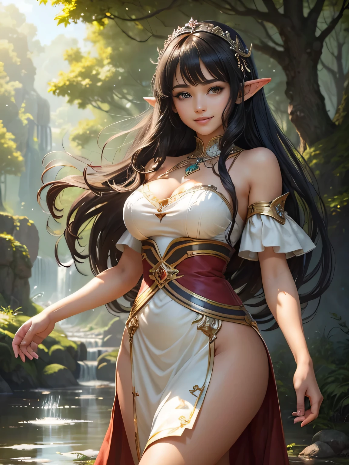 (masterpiece), (Highest quality), (Super Detail), (Disheveled Hair), (figure), (1 female elf), (interview), A silver-haired dark elf is standing,Brown body,Dark skin, Large Breasts,, Goddess of the Sky,PRİNCESS,Queen,Gorgeous hair accessories(A quick background), Beautiful attention to detail, Delicate and Beautiful Face, floating, (High saturation), (Shine), Focus on the face, Black Hair, bangs, A big smile, floating Hair. girl, Girl in Love, Pixiv illustration, Highest quality, Very detailed, smile, smart, Beautiful Face, 4K, nature, Sunlight filtering through the trees,