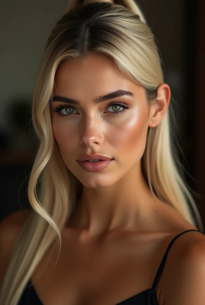 a very realistic and detailed close up portrait of beautiful south american girl, black skirt, perfect makeup, long sleek straight ponytail blonde hair, high quality, photorealistic, 8k, luxury, elegant, sophisticated, confident, studio lighting, cinematic, piercing eyes, full lips, sharp focus, olive skin