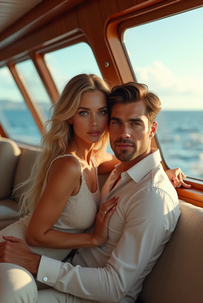 (Photorealism:1.2), man with brown hair and brown eyes along with a woman with blonde long hair and green eyes inside a yacht 8k ultra-realistic photorealistic super detailed