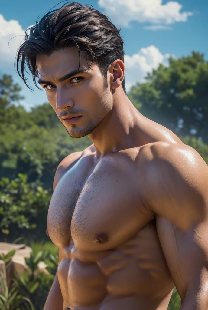 a tall handsome muscular man, solo, extremely detailed face and body, (shiny smooth skin), hot glow in his skin, perfect facial features, beautiful eyes, short hairstyle, y gaze, looking at the viewer romantically, explorer, explorer's clothes, ancient ruins, big lake, cloudy sky, lush nature, (best quality,4k,8k,highres,masterpiece:1.2),ultra-detailed,(realistic,photorealistic,photo-realistic:1.37),dramatic lighting,vibrant colors,cinematic composition