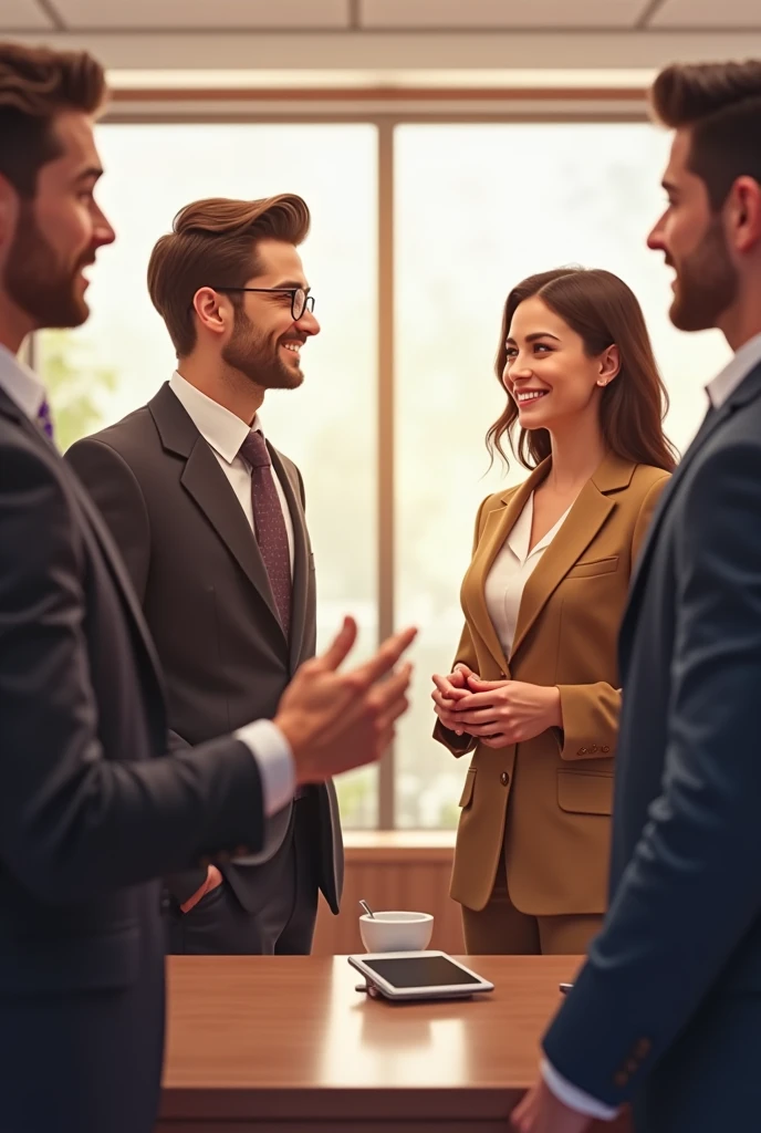 Compliment each other men and women、Boss and subordinate。indoor。
