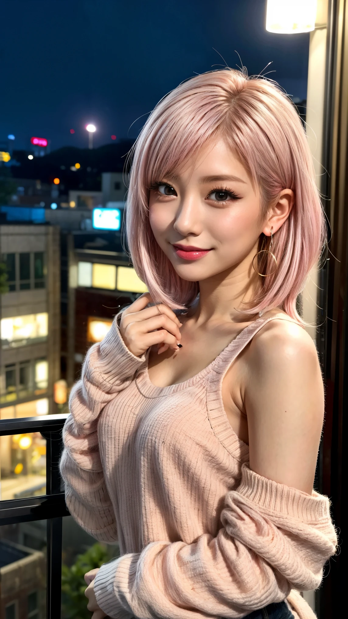 Highest quality, Tabletop, Ultra-high resolution, (Realistic:1.4), (Japanese Idols),RAW Photos, One Girl, night,Detailed skin,Blurred cityscape of South Korea,,Blonde, (Pink inner hair:1.3),Glossy Lips,smile,(Model pose:1.2),2,Beautiful and beautiful eyes,Diamond jewellery,Earrings,Gold Jewelry,Cold Light,Tight black knitwear,,(Strengthened upper arms:1.2),A well-trained body,Pixie Hair