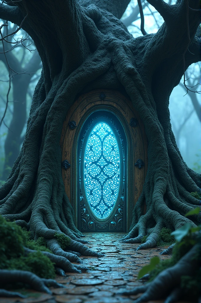 A beautiful, glowing door emerging from under the old tree, decorated with sparkling stones."