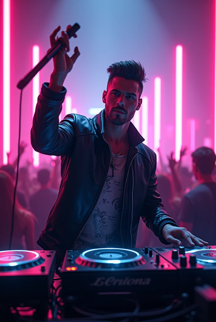 DJ holding a microphone in his left hand