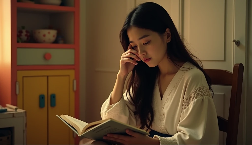 Cinematic, center view. Left side lighting. A young woman with long dark hair, wearing a white robe with lace trim, sitting on a wooden chair. She is holding a story book while rubbing her left eye. The scene is set in a warm dimly lit child room with a closed white door in the background, there is a vibrant colorful cabinet on the left, creating a soft contrast of light and shadow.