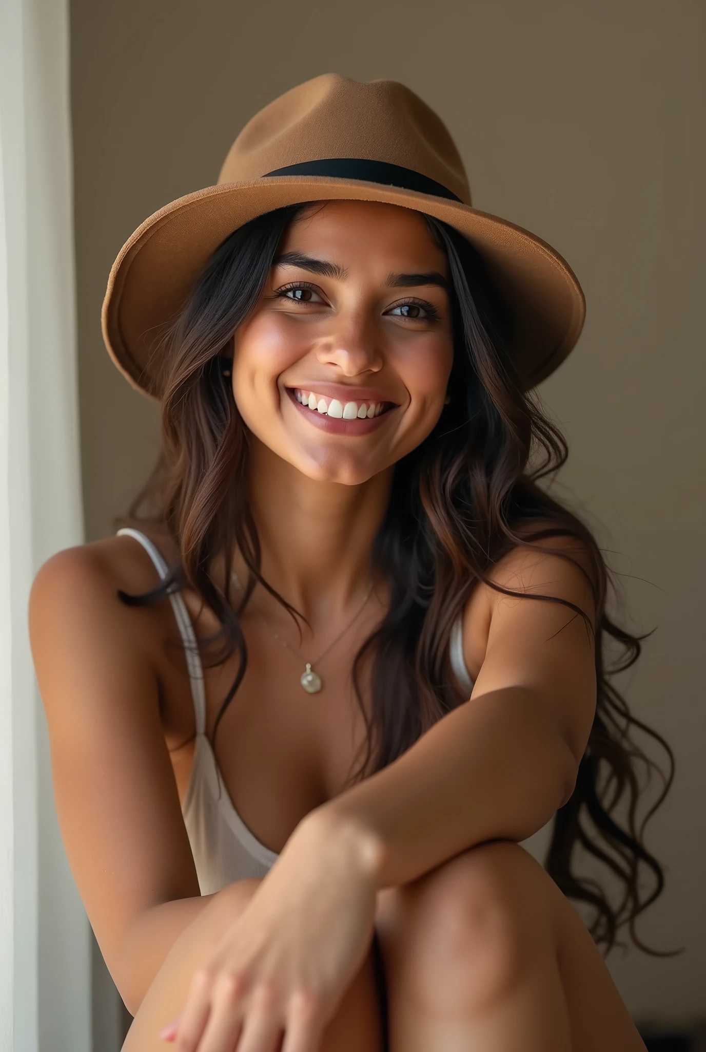 There is a young, Beautiful indian woman, who looks to the future like Katrina Kaif. Smiles into the camera, beautiful teeth. She stands there and looks into the camera, a portrait from raw photo, modern hat, feet, hands,