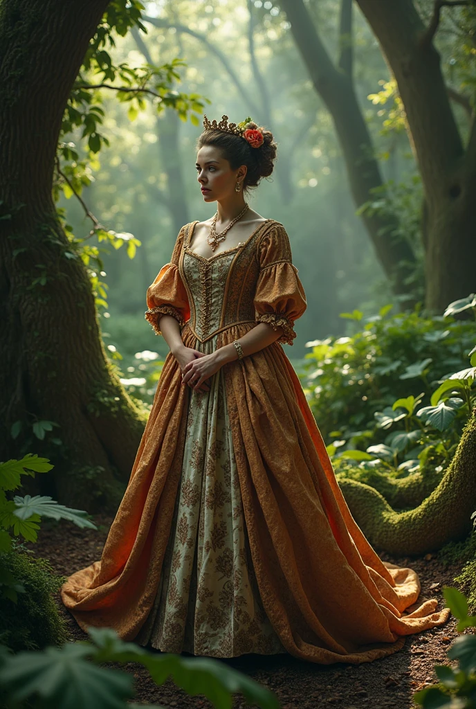 A woman in an elaborate Renaissance
gown, standing in an overgrown forest.
Natural light filters through the trees
casting dappled shadows. Capture the
lush texture of her clothing and the
foliage with a Phase One XF medium
format camera. The style is a fusion of
Renaissance portraiture and magical
realism, creating a timeless, enchanting
image
