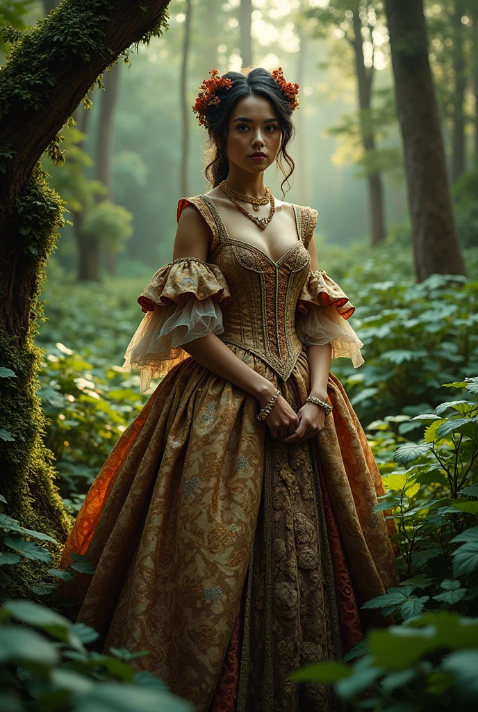 A woman in an elaborate Renaissance
gown, standing in an overgrown forest.
Natural light filters through the trees
casting dappled shadows. Capture the
lush texture of her clothing and the
foliage with a Phase One XF medium
format camera. The style is a fusion of
Renaissance portraiture and magical
realism, creating a timeless, enchanting
image
