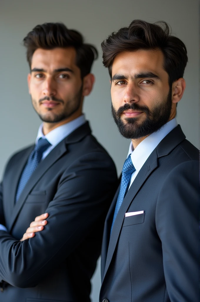 2 Pakistani boy with fair beared skin and narrow body posing for a LinkedIn picture in formals