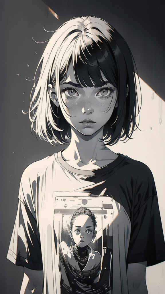 1 boyish girl, solo, sharp eyes, monochrome, greyscale, shoulder length black bangs hair, portrait, (blank white T-shirt), Thin eyebrows, closed mouth, looking at viewer, detailed lips, hatching \(texture\), without makeup, upper body, (best illustration), (best quality), (very detailed), (masterpiece), expressionless,